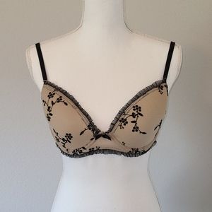 Nude with black ruffle trim bra - 34D